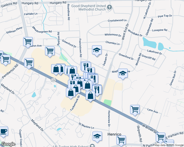 map of restaurants, bars, coffee shops, grocery stores, and more near 9117 Huron Avenue in Richmond