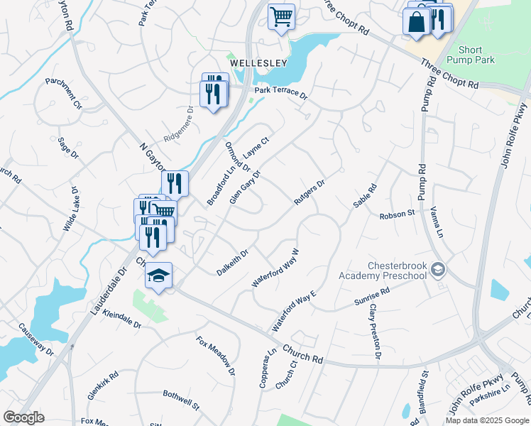map of restaurants, bars, coffee shops, grocery stores, and more near 12129 Glen Gary Circle in Richmond