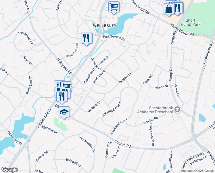 map of restaurants, bars, coffee shops, grocery stores, and more near 12129 Glen Gary Circle in Richmond