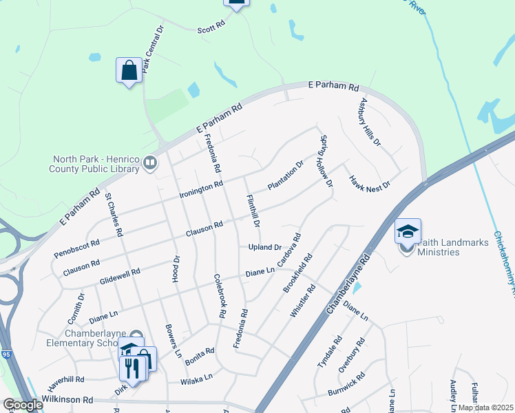 map of restaurants, bars, coffee shops, grocery stores, and more near 522 Clauson Road in Richmond