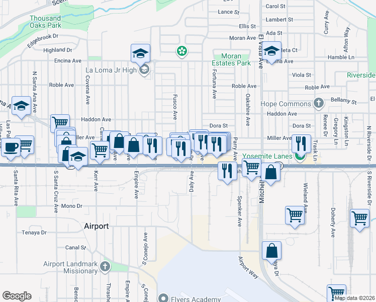 map of restaurants, bars, coffee shops, grocery stores, and more near 129 San Juan Drive in Modesto