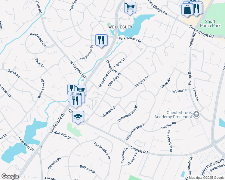 map of restaurants, bars, coffee shops, grocery stores, and more near 12105 Glen Gary Circle in Richmond