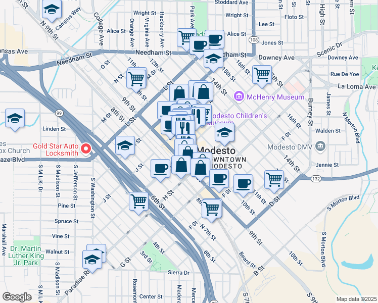 map of restaurants, bars, coffee shops, grocery stores, and more near 833 10th Street in Modesto