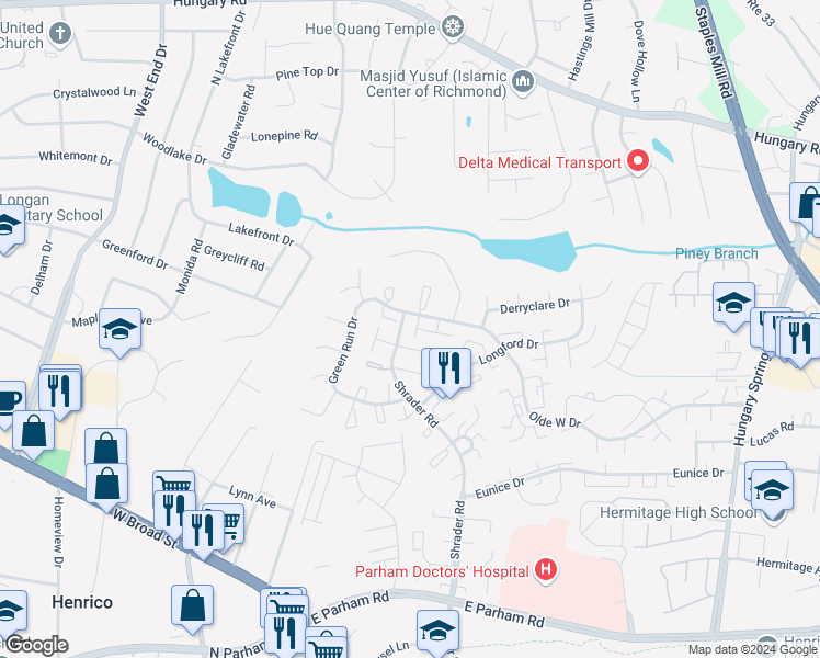 map of restaurants, bars, coffee shops, grocery stores, and more near 4906 Donegal Trace Court in Richmond