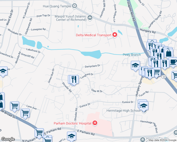 map of restaurants, bars, coffee shops, grocery stores, and more near 7604 Roscommon Court in Henrico