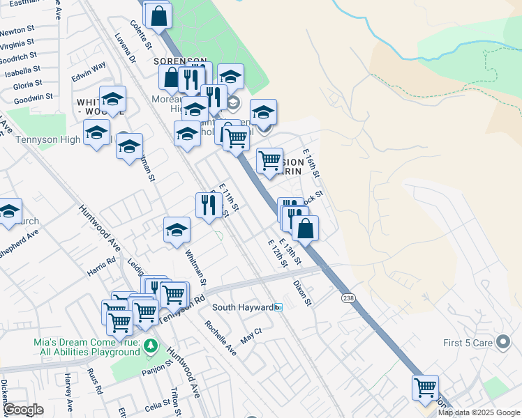 map of restaurants, bars, coffee shops, grocery stores, and more near 27955 Mission Boulevard in Hayward