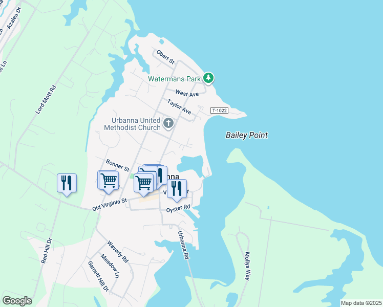 map of restaurants, bars, coffee shops, grocery stores, and more near 120 Marston Avenue in Urbanna