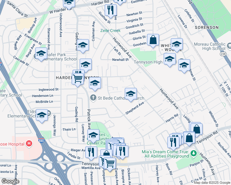 map of restaurants, bars, coffee shops, grocery stores, and more near 655 Foster Court in Hayward
