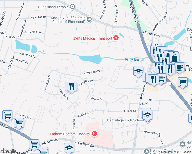 map of restaurants, bars, coffee shops, grocery stores, and more near 7613 Derryclare Drive in Richmond