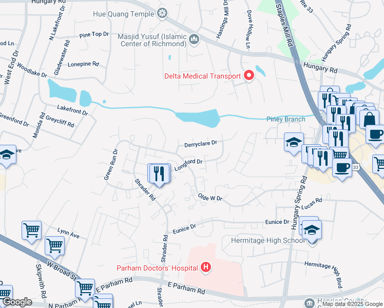 map of restaurants, bars, coffee shops, grocery stores, and more near 7623 Derryclare Drive in Richmond
