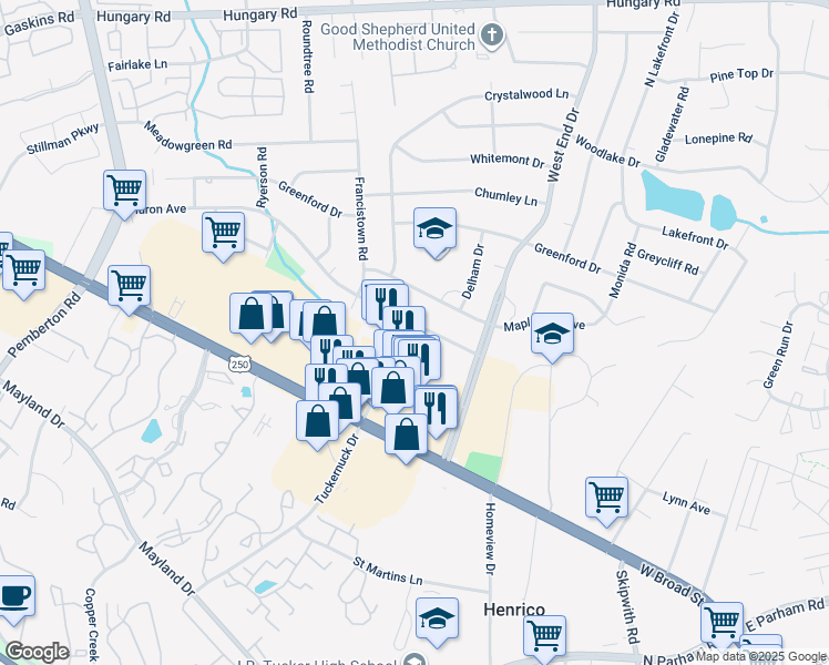 map of restaurants, bars, coffee shops, grocery stores, and more near 9117 Huron Avenue in Richmond