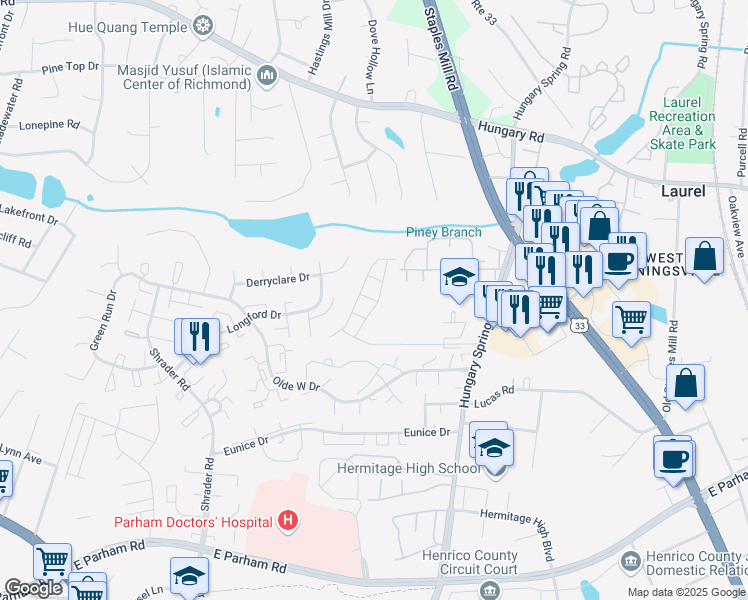 map of restaurants, bars, coffee shops, grocery stores, and more near 5502 Millwheel Lane in Henrico
