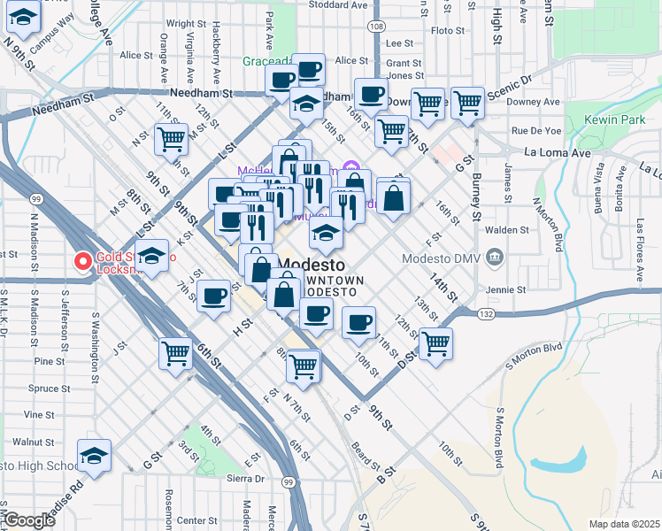 map of restaurants, bars, coffee shops, grocery stores, and more near 1100 H Street in Modesto