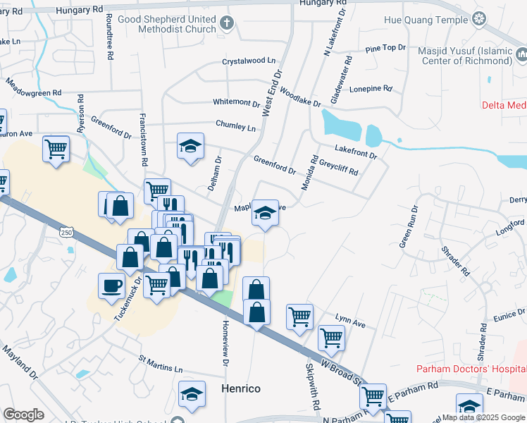 map of restaurants, bars, coffee shops, grocery stores, and more near 8913 Mapleview Avenue in Richmond