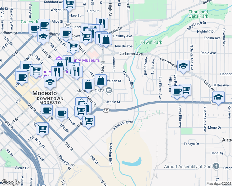 map of restaurants, bars, coffee shops, grocery stores, and more near 128 James Street in Modesto