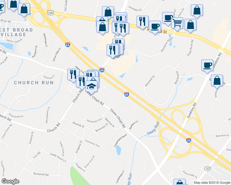 map of restaurants, bars, coffee shops, grocery stores, and more near 10960 Greenaire Place in Richmond