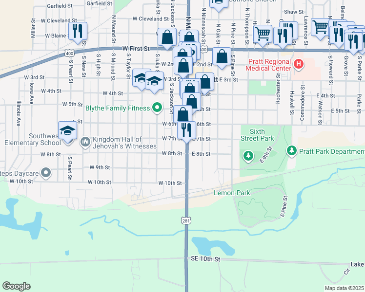 map of restaurants, bars, coffee shops, grocery stores, and more near 711 South Main Street in Pratt