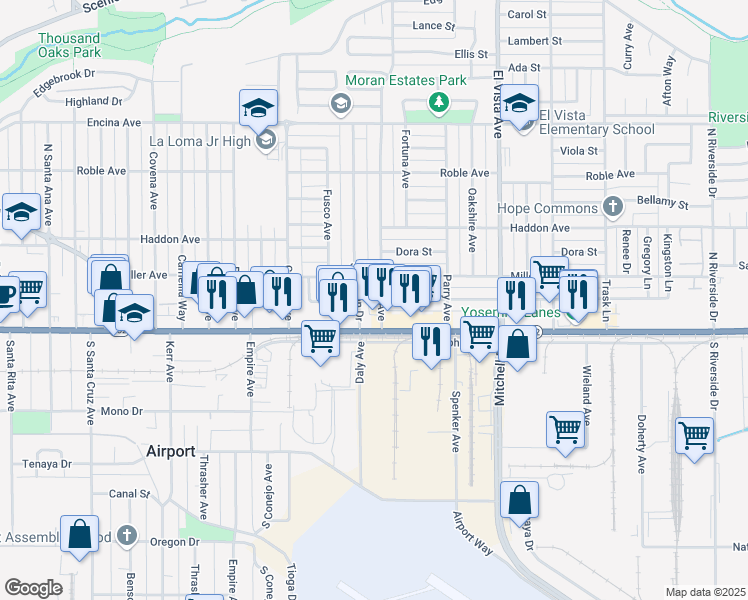 map of restaurants, bars, coffee shops, grocery stores, and more near 129 Phoenix Avenue in Modesto
