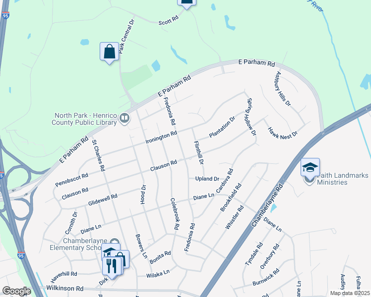 map of restaurants, bars, coffee shops, grocery stores, and more near 8405 Fredonia Road in Richmond