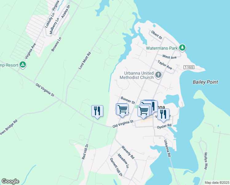 map of restaurants, bars, coffee shops, grocery stores, and more near 421 Bonner Street in Urbanna