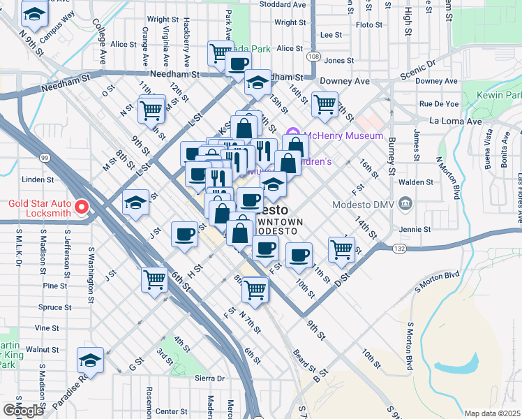 map of restaurants, bars, coffee shops, grocery stores, and more near in Modesto