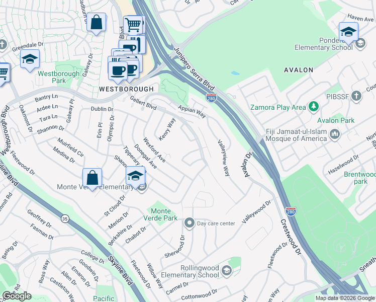 map of restaurants, bars, coffee shops, grocery stores, and more near 2220 Delvin Way in South San Francisco