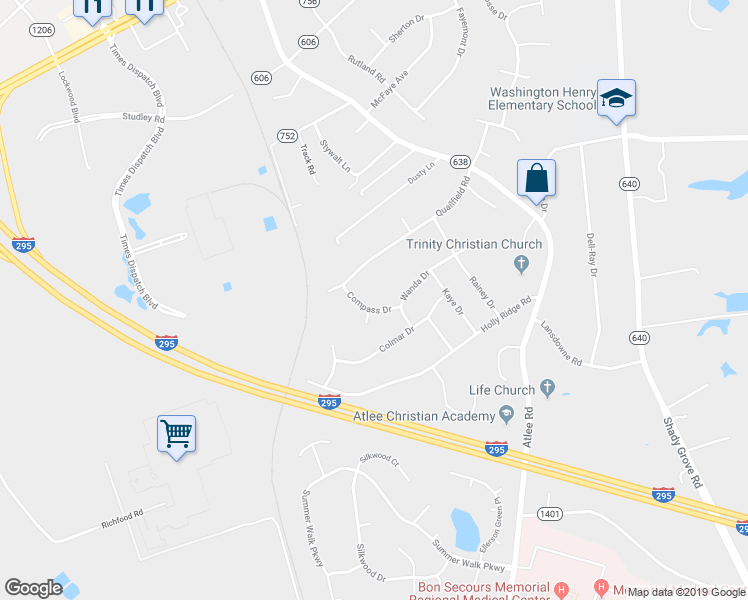 map of restaurants, bars, coffee shops, grocery stores, and more near 8342 Compass Drive in Mechanicsville
