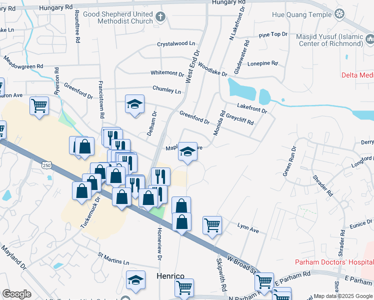 map of restaurants, bars, coffee shops, grocery stores, and more near 8913 Mapleview Avenue in Richmond