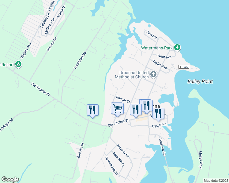 map of restaurants, bars, coffee shops, grocery stores, and more near 214 Linden Avenue in Urbanna
