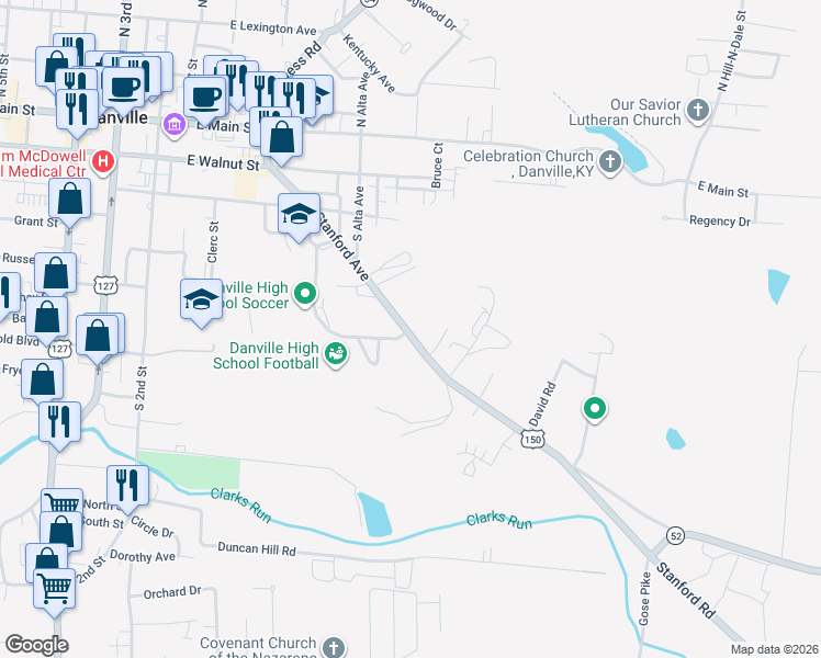 map of restaurants, bars, coffee shops, grocery stores, and more near 311 Stanford Avenue in Danville