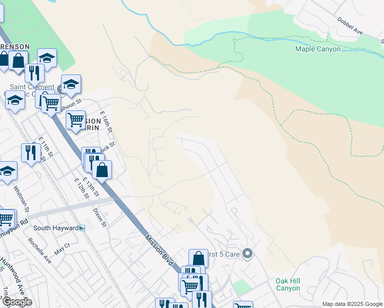 map of restaurants, bars, coffee shops, grocery stores, and more near 28719 Vista Grande Drive in Hayward