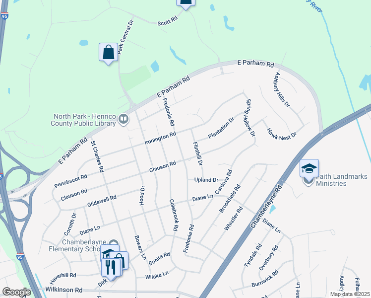 map of restaurants, bars, coffee shops, grocery stores, and more near 8405 Fredonia Road in Richmond