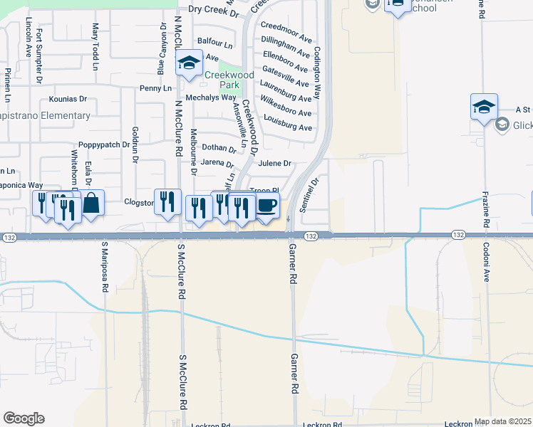 map of restaurants, bars, coffee shops, grocery stores, and more near 3801 Yosemite Boulevard in Modesto