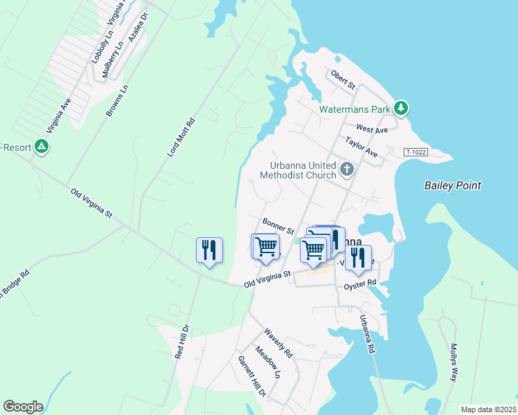 map of restaurants, bars, coffee shops, grocery stores, and more near 214 Linden Avenue in Urbanna