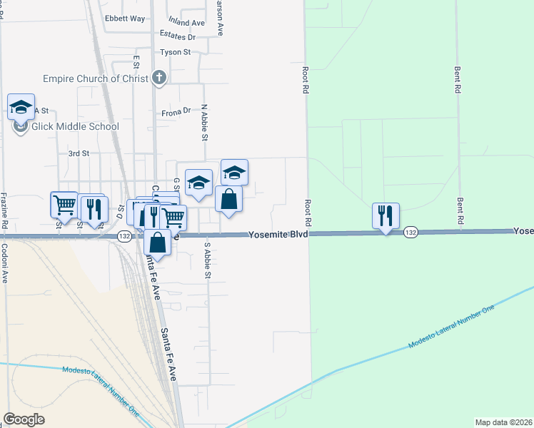 map of restaurants, bars, coffee shops, grocery stores, and more near 5321 Yosemite Boulevard in Modesto