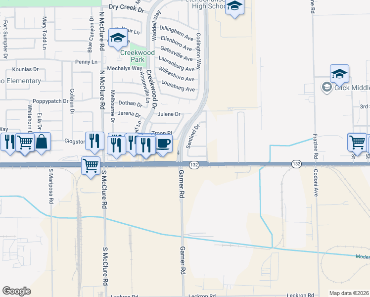 map of restaurants, bars, coffee shops, grocery stores, and more near 3901 Westfall Lane in Modesto