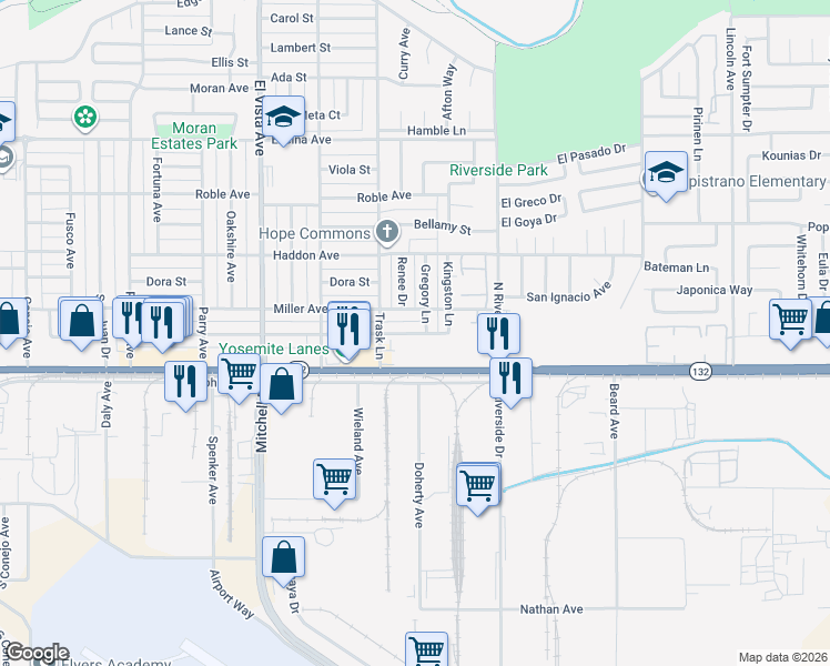 map of restaurants, bars, coffee shops, grocery stores, and more near 137 Gregory Lane in Modesto