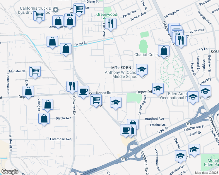 map of restaurants, bars, coffee shops, grocery stores, and more near 2595 Depot Road in Hayward