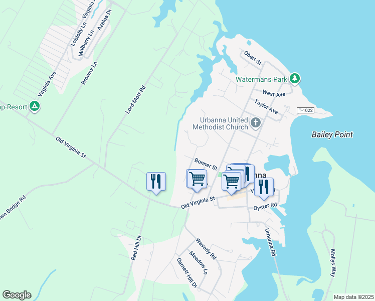 map of restaurants, bars, coffee shops, grocery stores, and more near 421 Bonner Street in Urbanna