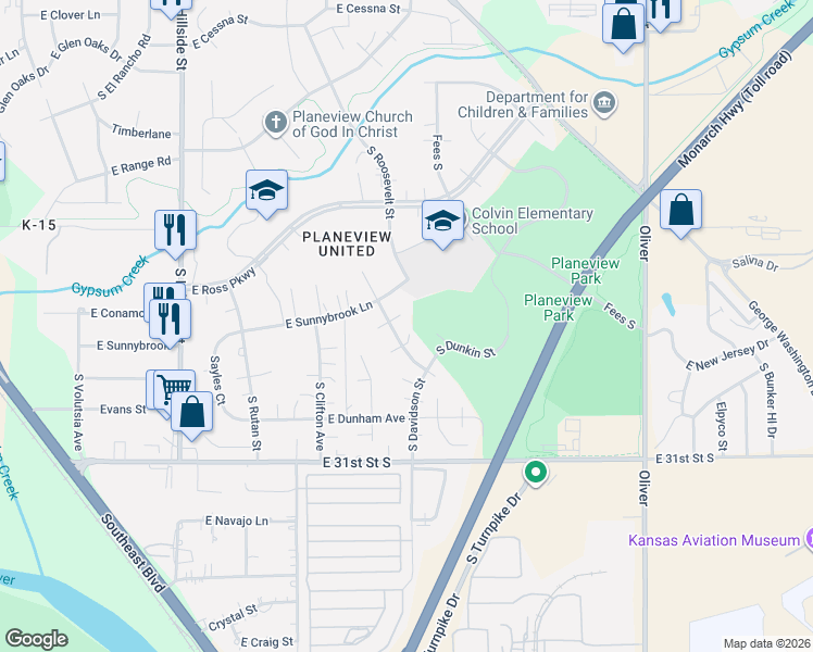 map of restaurants, bars, coffee shops, grocery stores, and more near 2974 South Davidson Street in Wichita