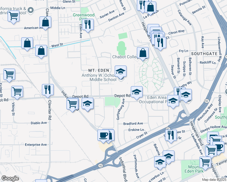 map of restaurants, bars, coffee shops, grocery stores, and more near 25322 Ironwood Court in Hayward