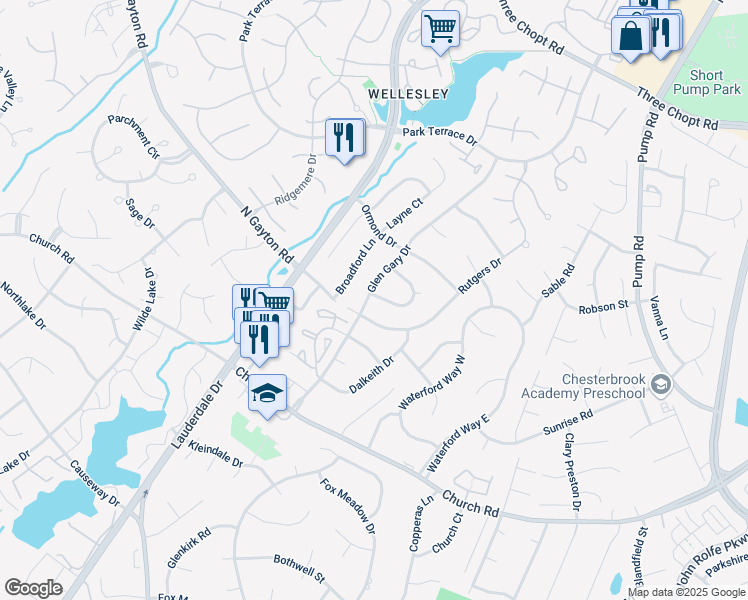 map of restaurants, bars, coffee shops, grocery stores, and more near 12101 Glen Gary Circle in Richmond