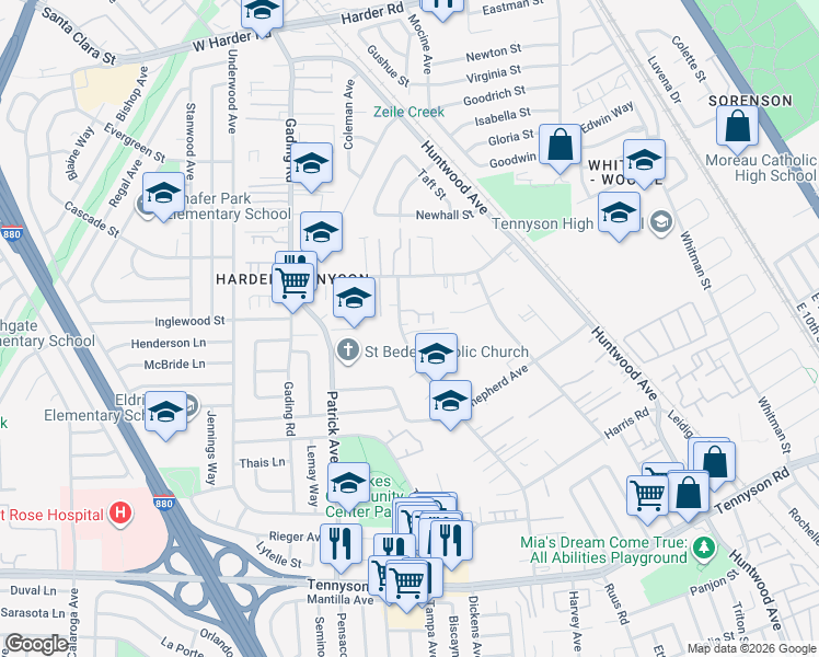 map of restaurants, bars, coffee shops, grocery stores, and more near 655 Foster Court in Hayward