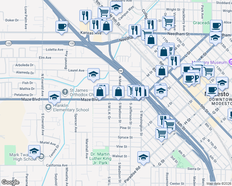 map of restaurants, bars, coffee shops, grocery stores, and more near 309 Locust St in Modesto