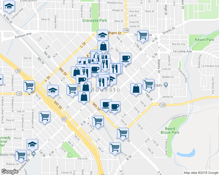 map of restaurants, bars, coffee shops, grocery stores, and more near 1100 H Street in Modesto