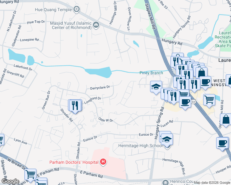 map of restaurants, bars, coffee shops, grocery stores, and more near 5604 Knockadoon Court in Richmond