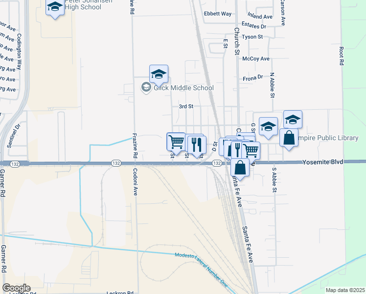 map of restaurants, bars, coffee shops, grocery stores, and more near 29 B Street in Modesto