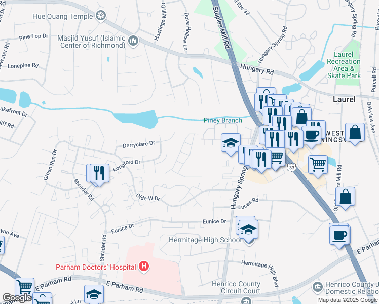 map of restaurants, bars, coffee shops, grocery stores, and more near 5500 Millwheel Lane in Henrico