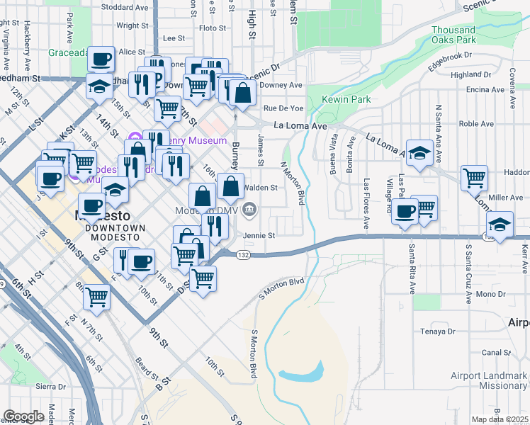 map of restaurants, bars, coffee shops, grocery stores, and more near 132 James Street in Modesto
