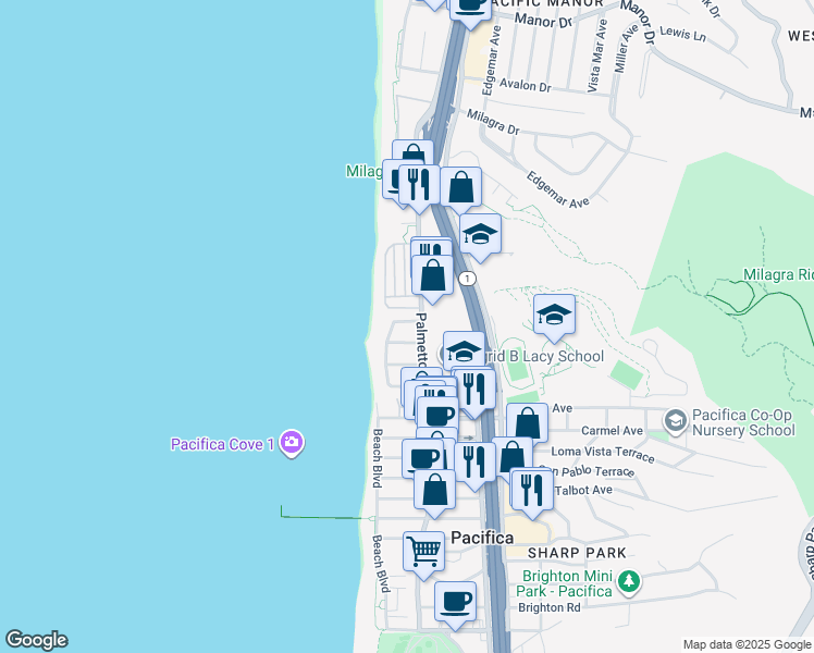 map of restaurants, bars, coffee shops, grocery stores, and more near 125 Shoreview Avenue in Pacifica